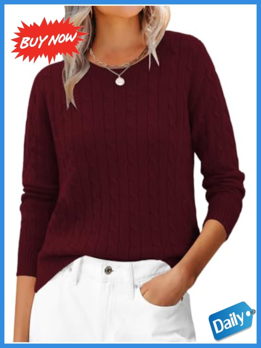 Women's Cable Knit Crew Neck Long Sleeve Pullover Sweater
